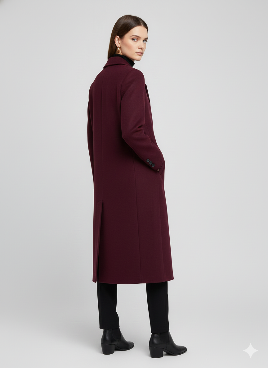Luxury Long Burgundy Double-Breasted Wool Coat