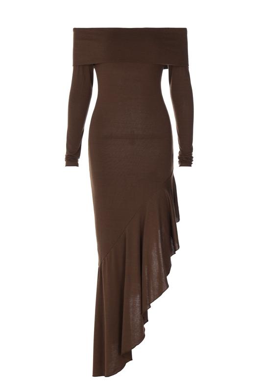 Woman in brown off-the-shoulder ribbed knit dress and black heeled boots
