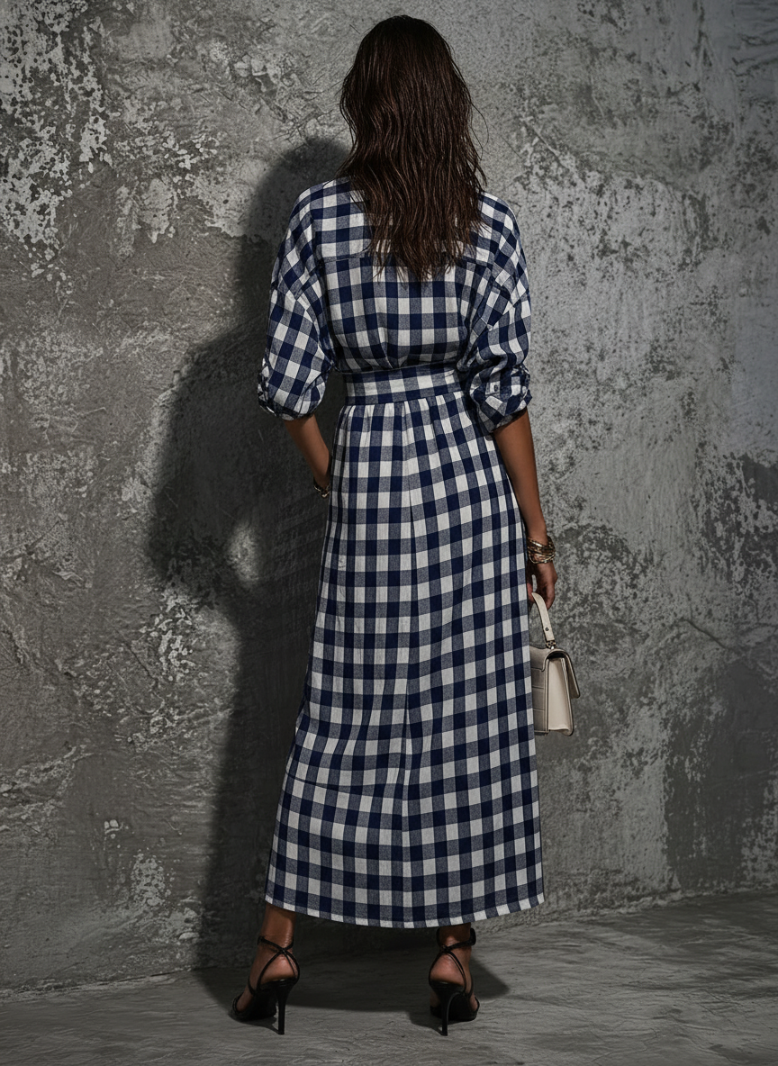 Blue And White - Model wearing a long plaid button-down maxi shirtdress with a wide matching belt, front slit, and rolled sleeves, leaning against a textured wall.
