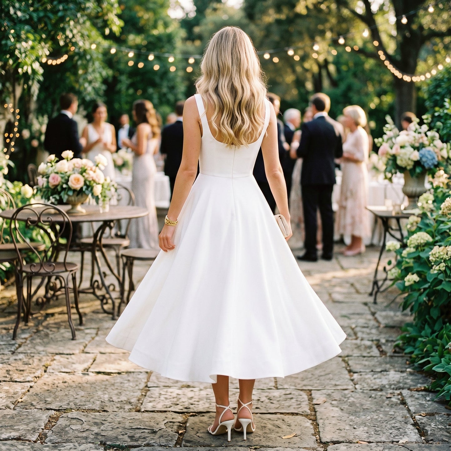 XXL - Model wearing a structured square-neck midi dress with a fitted bodice and full A-line skirt.