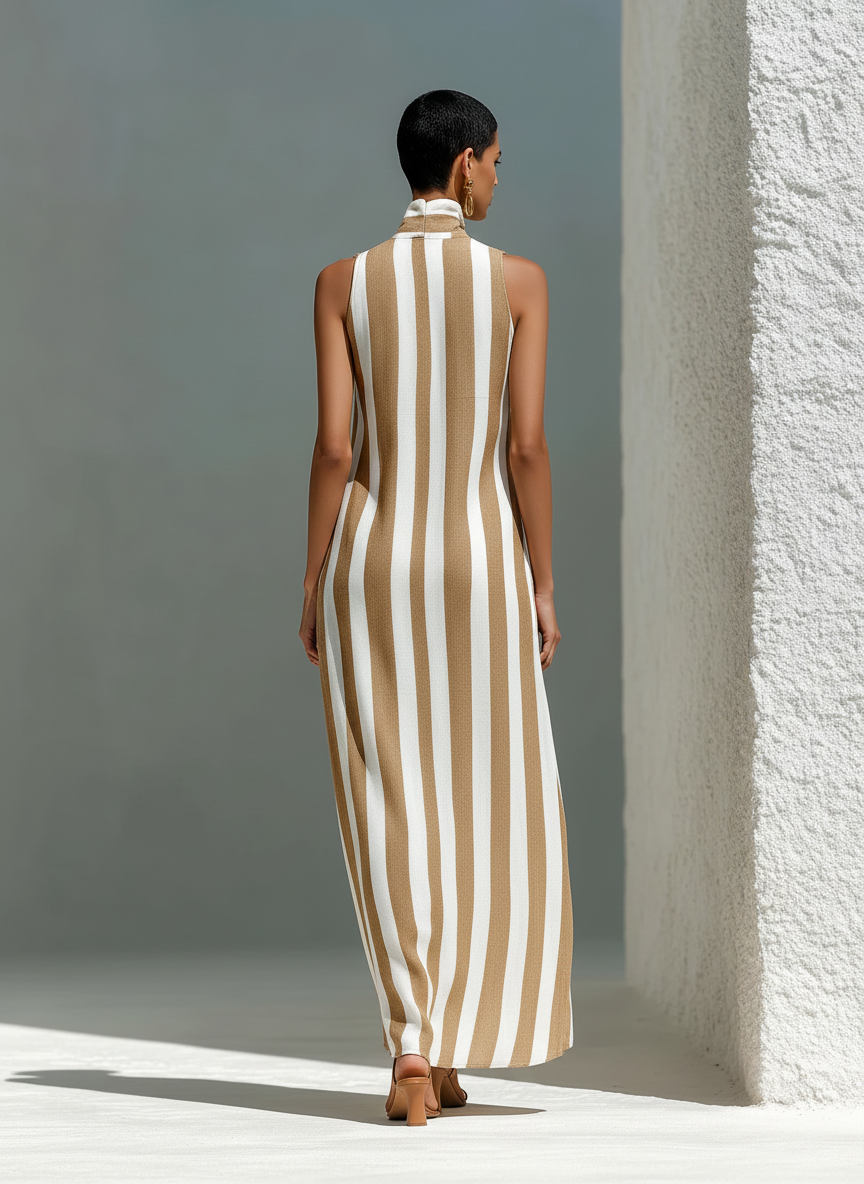 Camel And White - Model walking outdoors wearing a sleeveless, wide-leg striped jumpsuit with a stand collar and deep v-neckline.