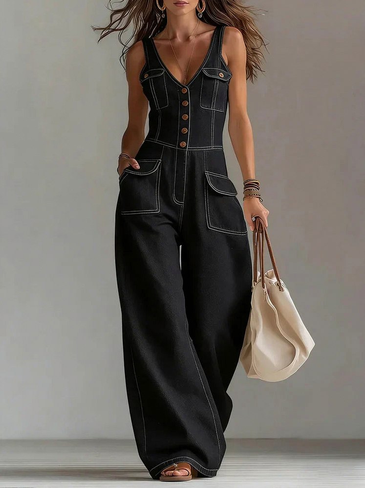 Denim Button Front Wide Leg Jumpsuit