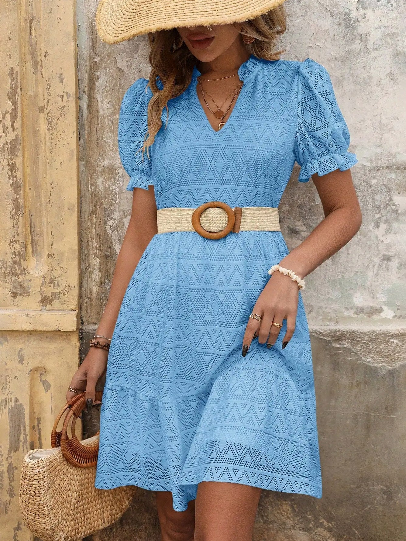 Eyelet Puff Sleeve Mini Dress