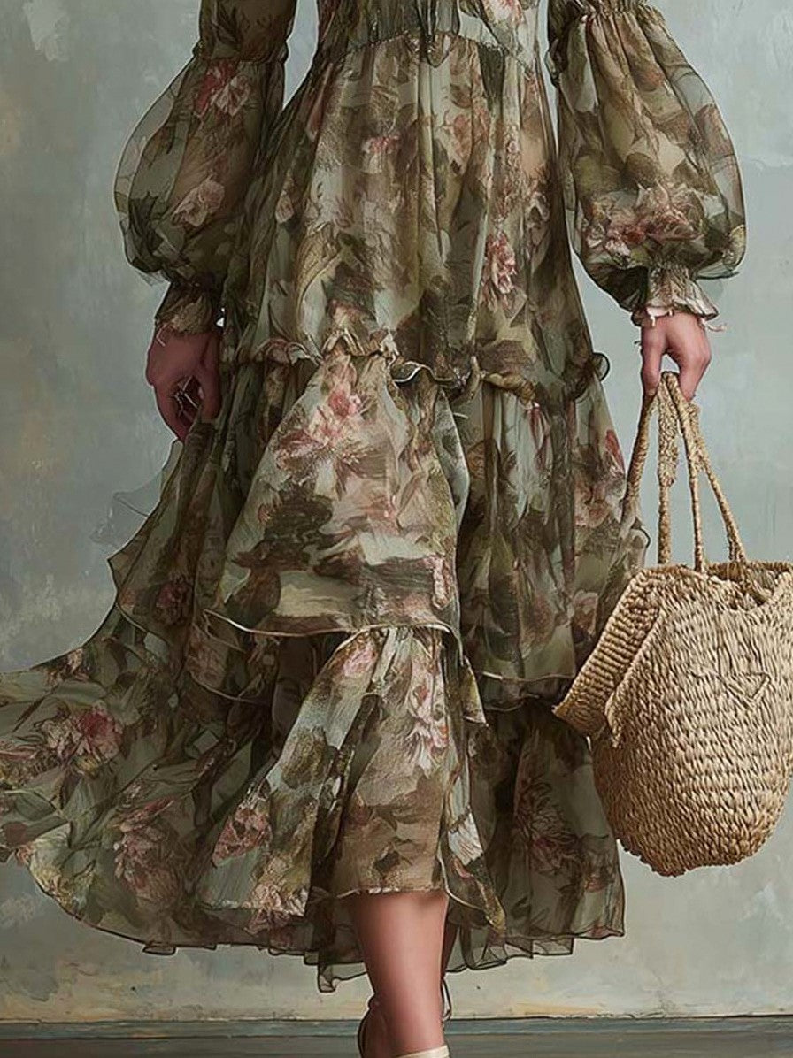 Floral Chiffon Puff Sleeve Maxi Dress
