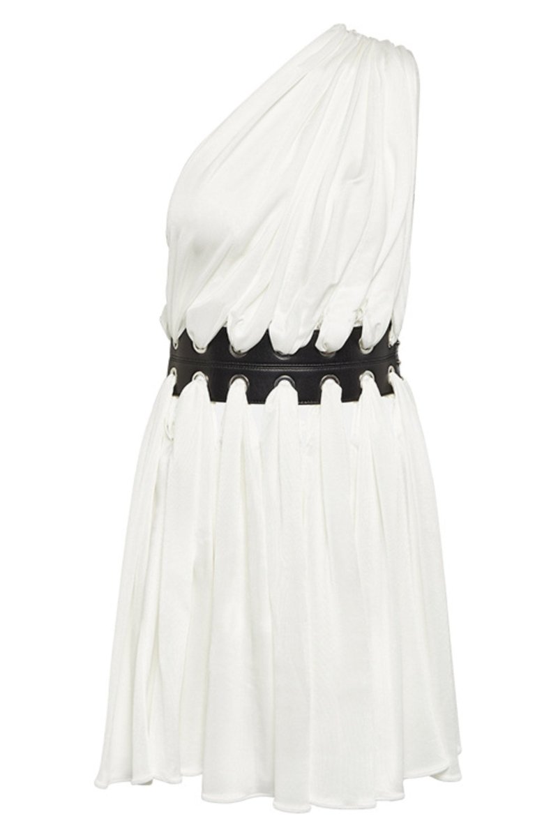 Woman in white one-shoulder mini dress with cutout waist