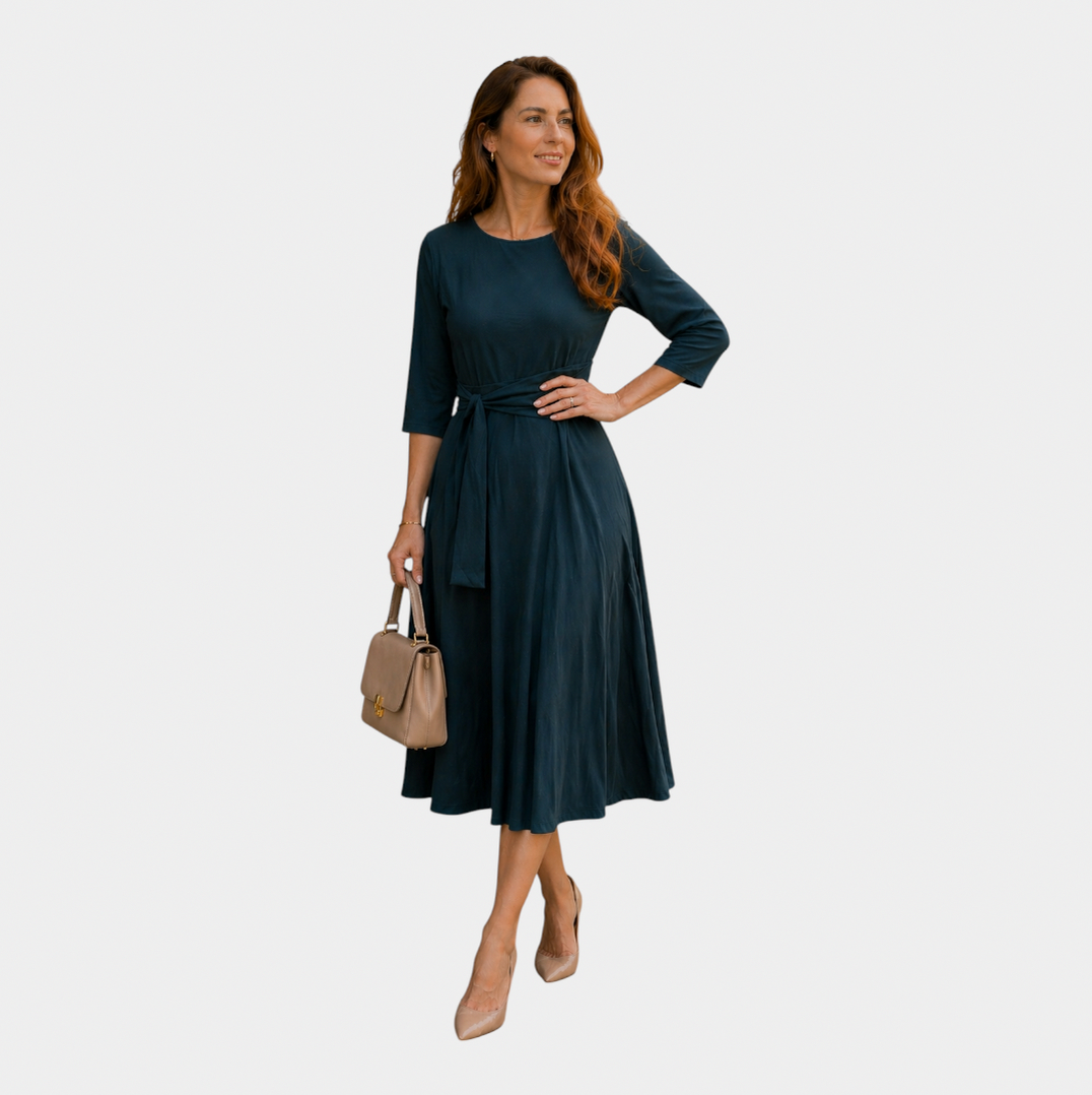 3/4 Sleeve Tie Waist Midi Dress