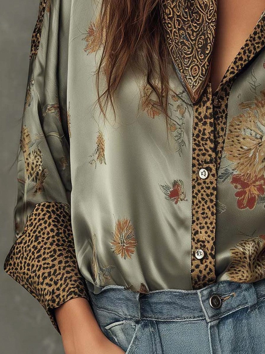 Floral Satin Button Front Blouse