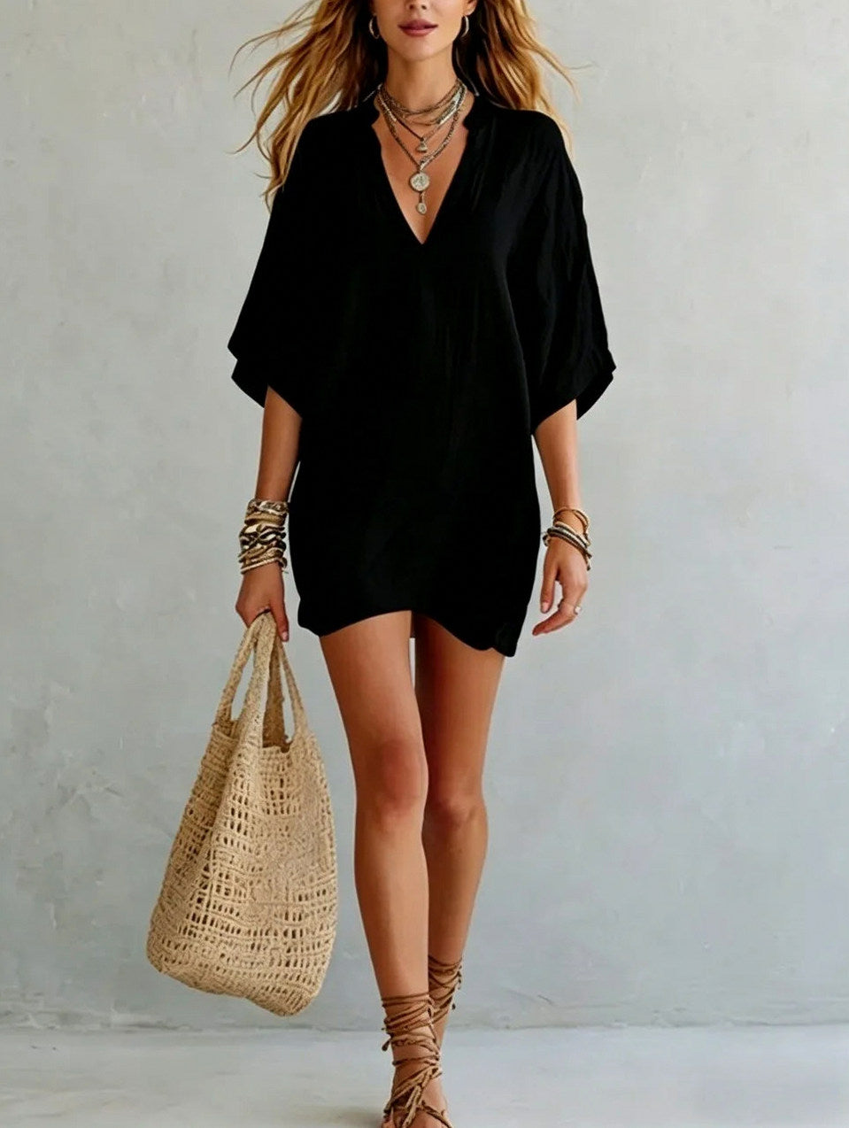 Gauze Short Sleeve Mini Dress