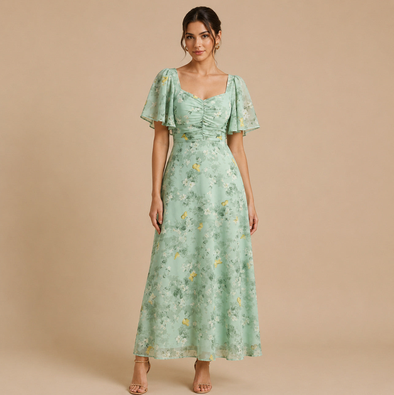 Chiffon Floral Sweetheart Maxi Dress