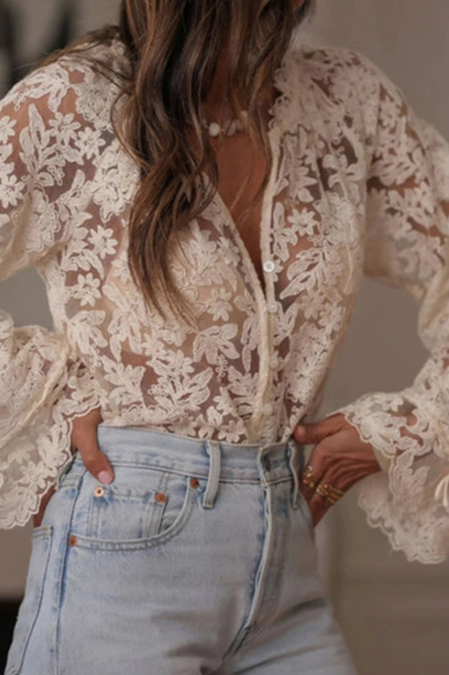 Floral Lace Button Front Blouse