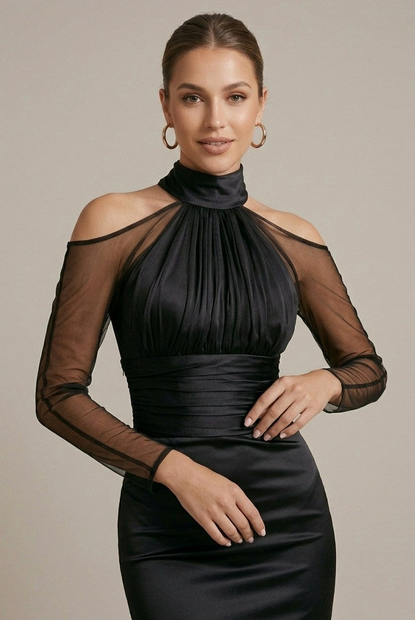 Satin Halter Mesh Sleeve Gown