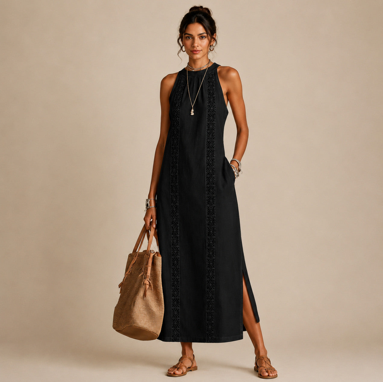Linen Halter Crochet Maxi Sundress