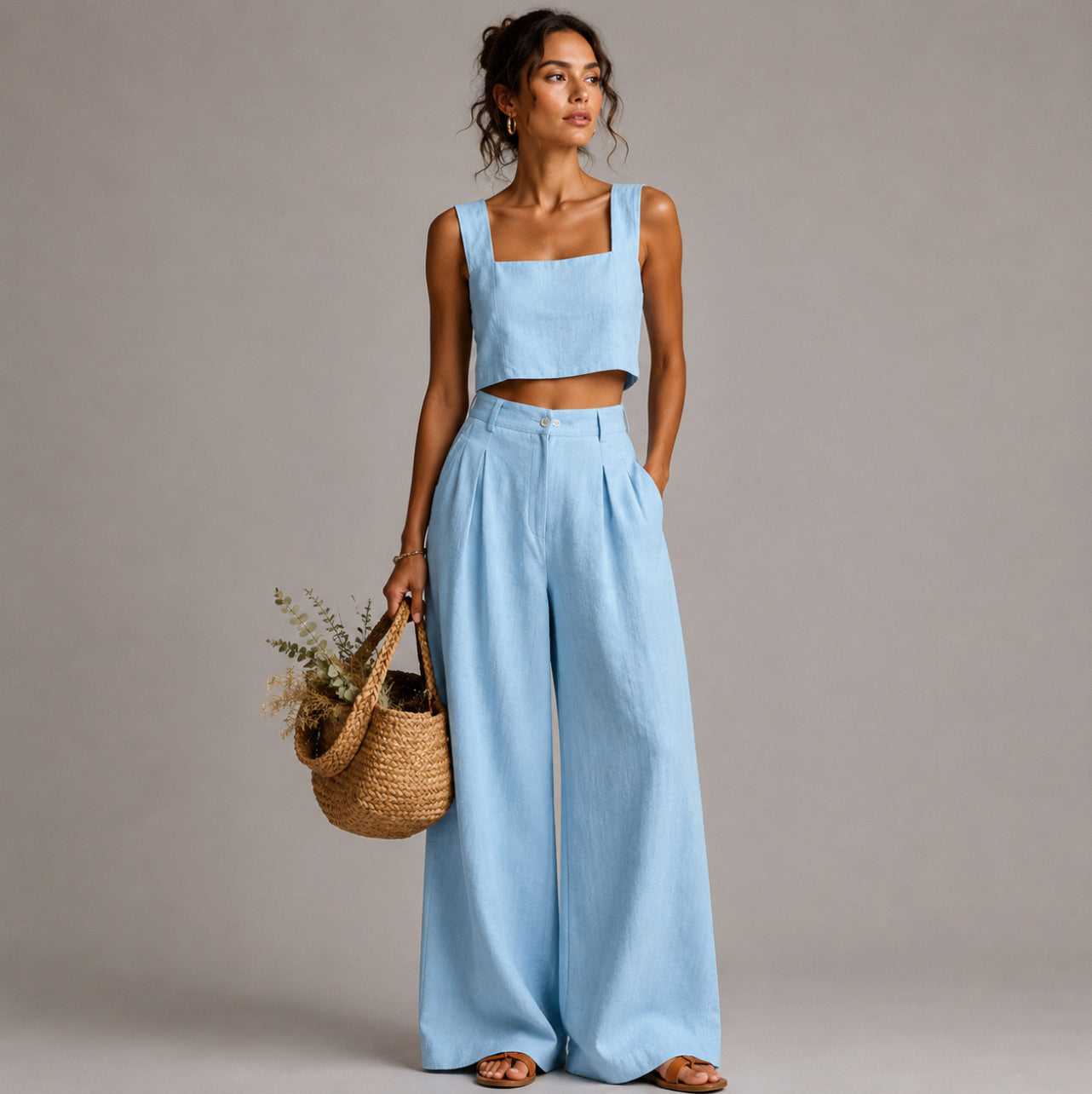 Linen Square Neck Two Piece Set