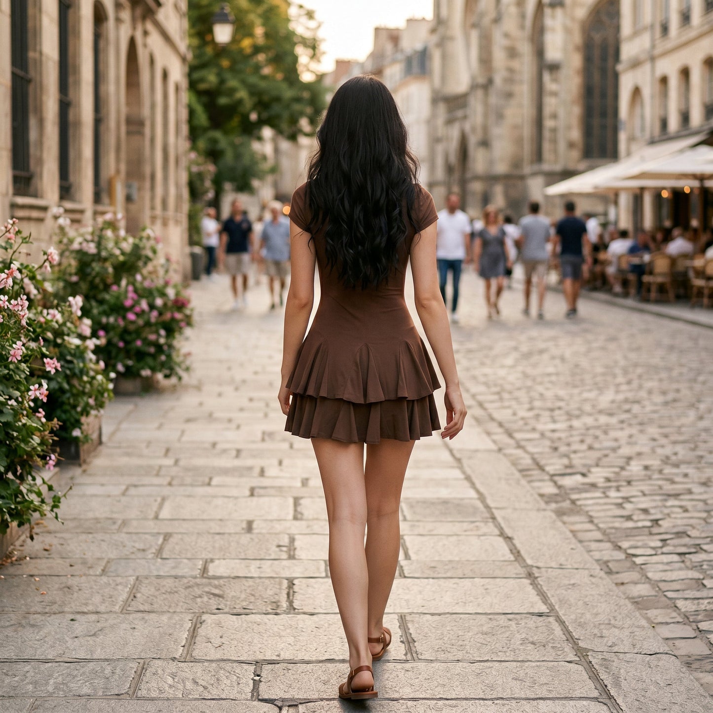 S - Model walking in a short-sleeve knit mini dress featuring a fitted bodice and a double-tiered pleated skirt, styled with a woven tote and flat sandals.