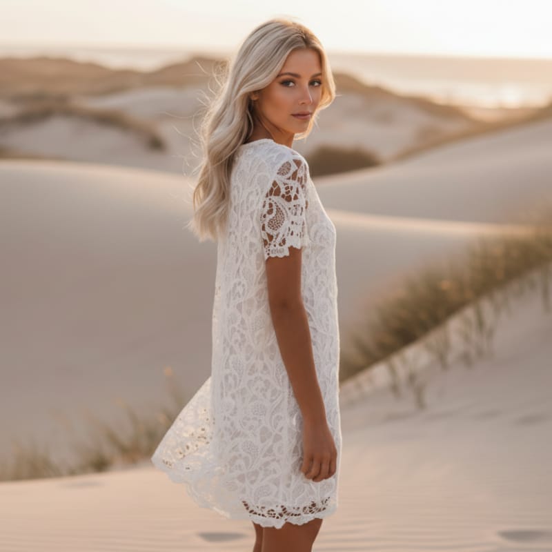White - A woman wearing a white short-sleeved lace shift dress with scalloped hems, standing in a desert sand dune landscape during golden hour.