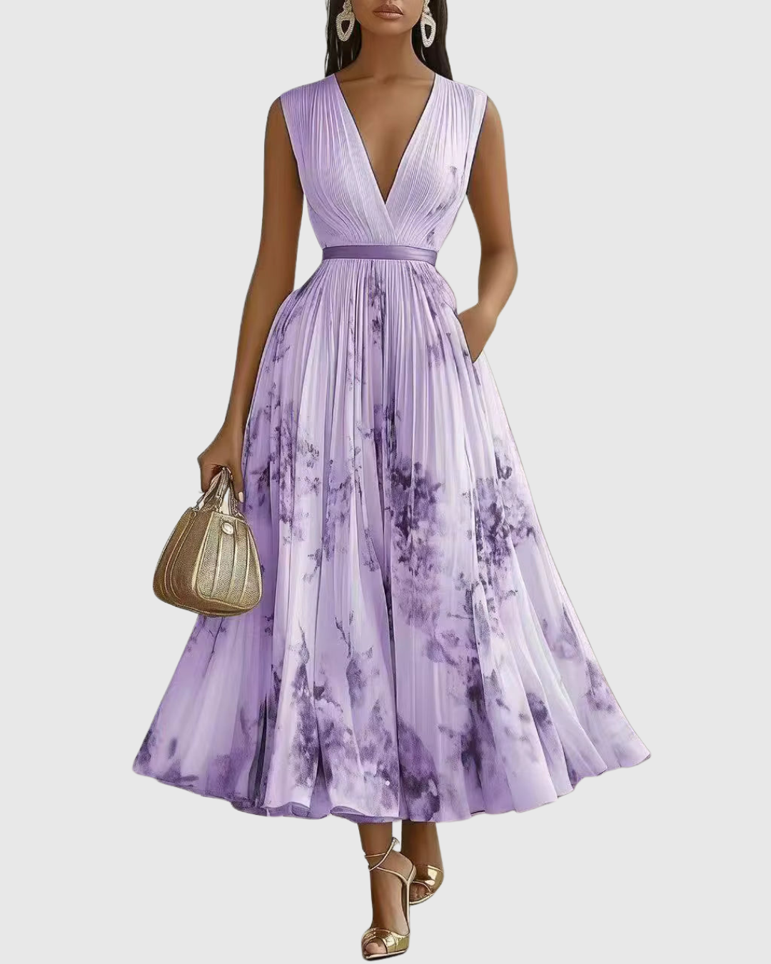 Purple - Model wearing a sleeveless, plunging V-neck midi dress in pleated off-white chiffon with a blue and gold watercolor floral print, featuring a cinched blue waist band and a flowy A-line skirt with pockets.