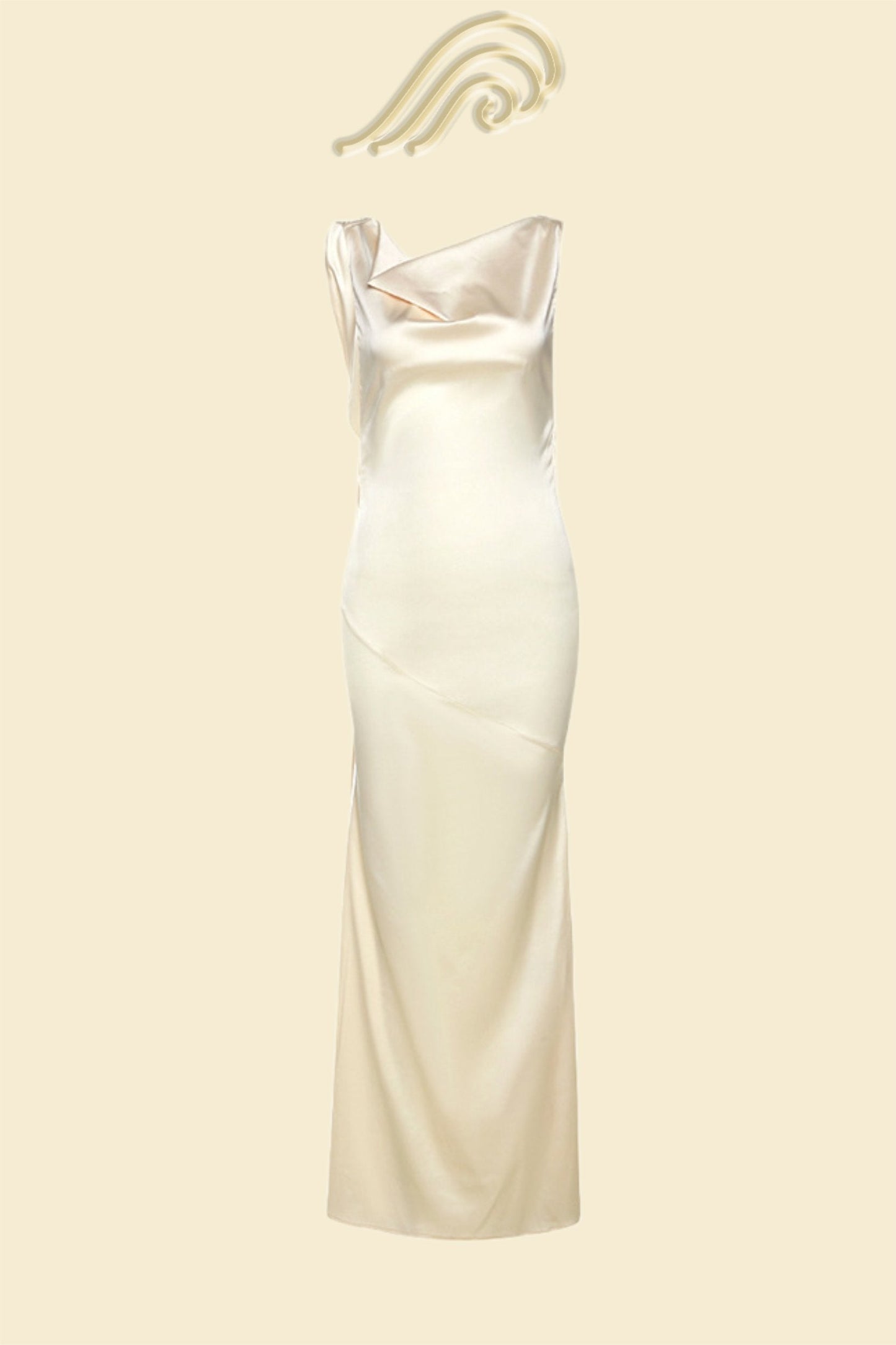 Woman wearing ivory silk cowl neck slip dress