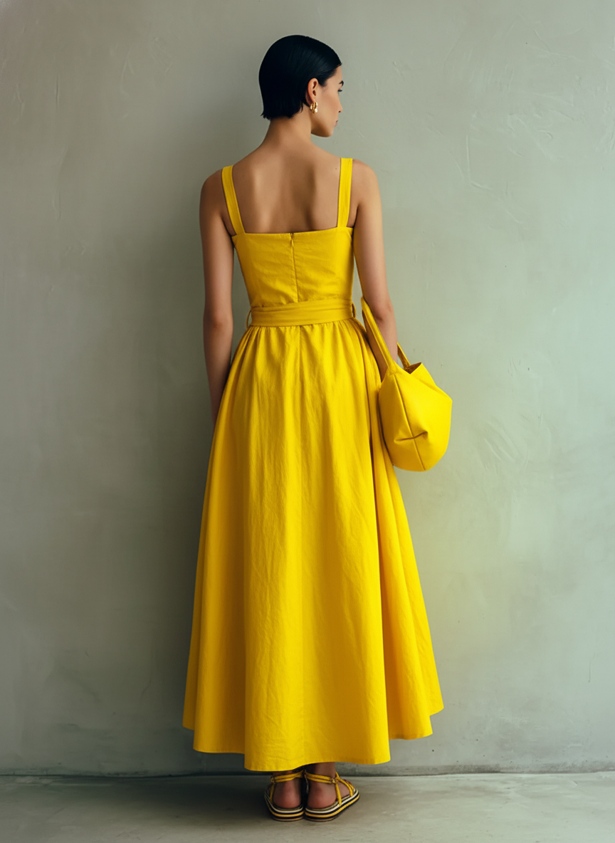 Yellow - Woman wearing a square-neck midi dress with wide straps, a self-tie waist, and a voluminous A-line skirt, holding a matching handbag against a textured grey background.