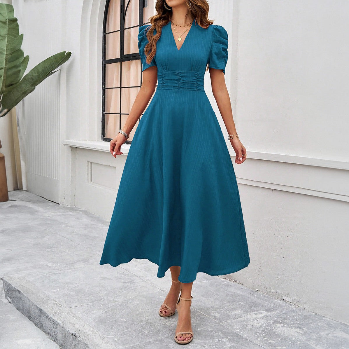 Puff Sleeve Ruched Midi Dress