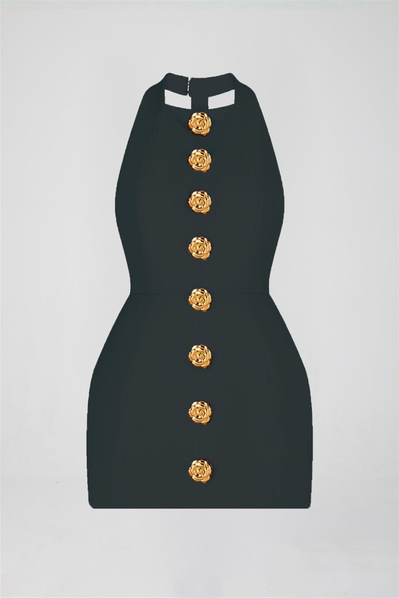 Woman in pink crepe mini dress with gold rose buttons