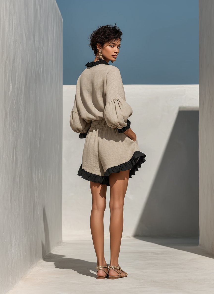 Beige - Woman walking outdoors wearing a woven shorts set featuring a high ruffled neckline, long balloon sleeves, and flared shorts with contrast ruffle trim.