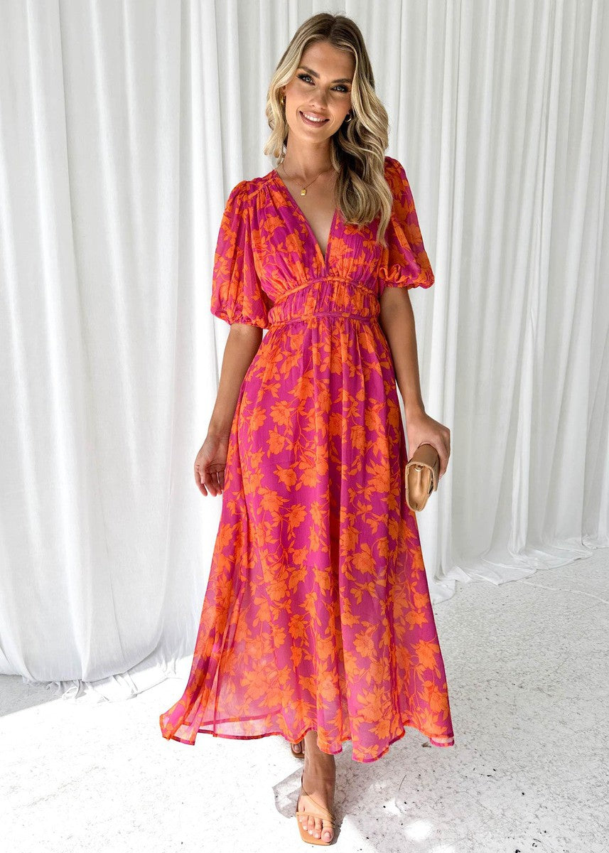 Chiffon Tropical Floral Print V-Neck Puff Sleeve Smocked Waist Flowy A-Line Maxi Dress