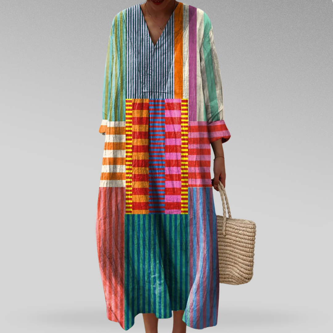 3XL - Women's long sleeve maxi dress featuring a mixed striped patchwork pattern and a v-neckline