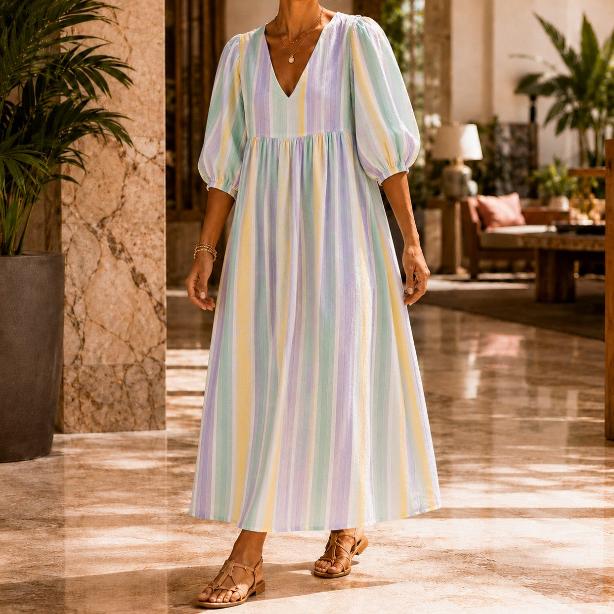 Striped Puff Sleeve Maxi Dress