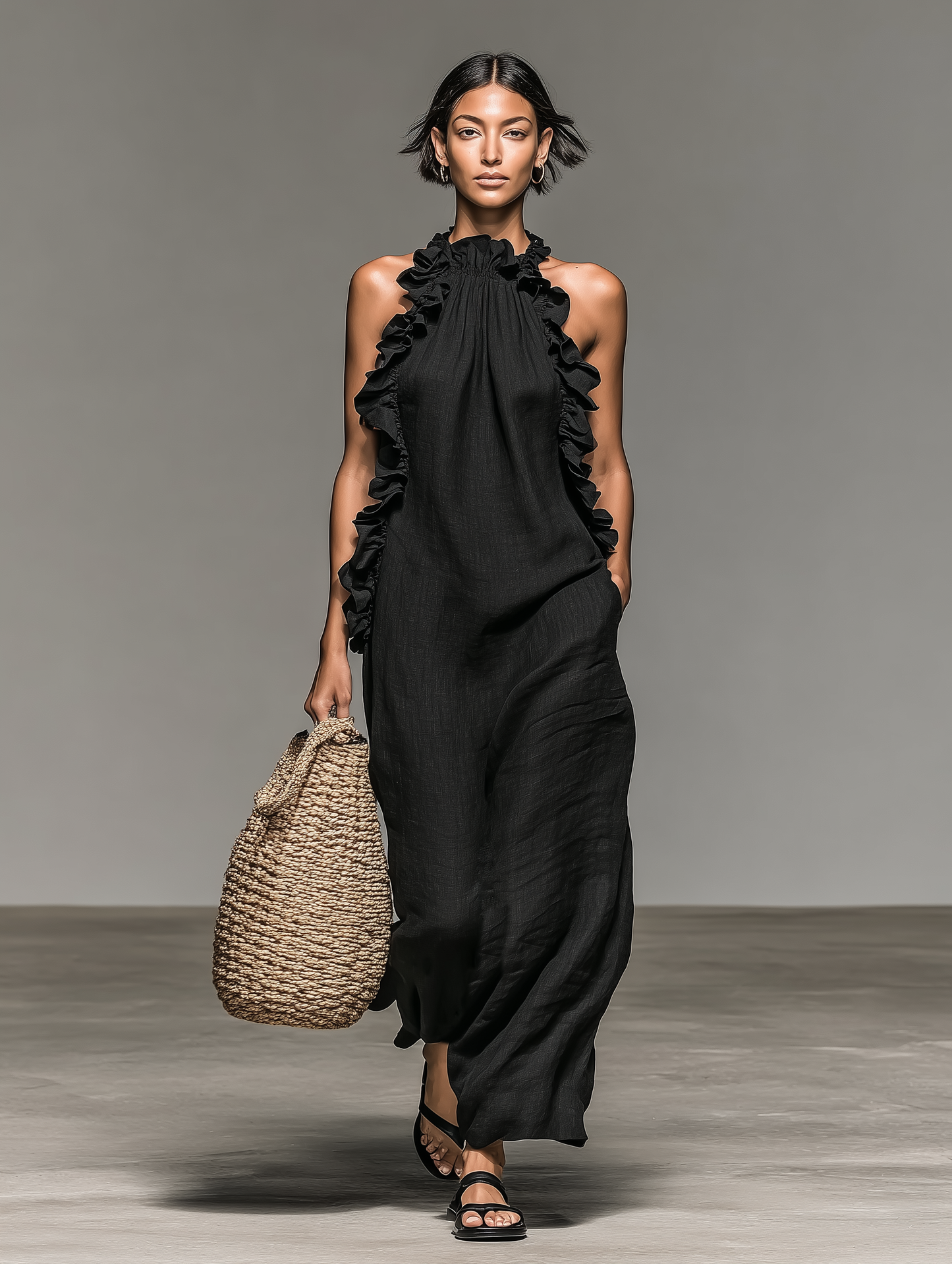 Purple - Model walking in a sleeveless, textured maxi dress with a ruffled halter neckline, carrying a woven straw bag.
