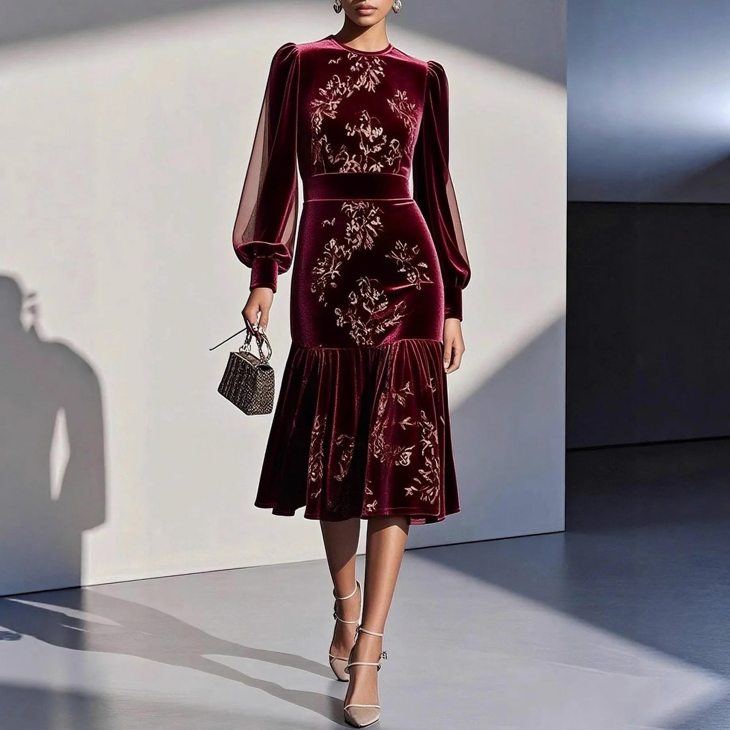 Velvet Drop Waist Midi Dress