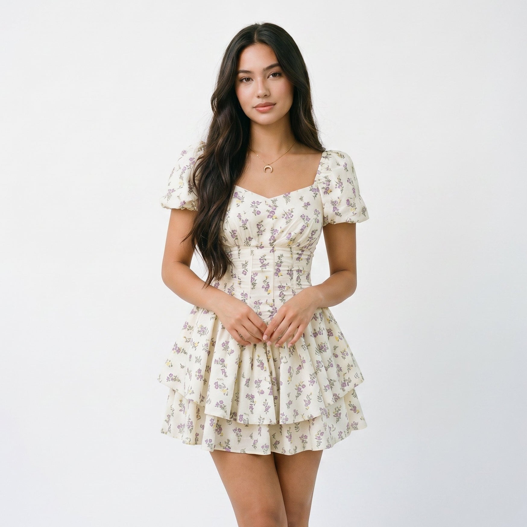 Woven Floral Puff-Sleeve Fitted Mini Dress