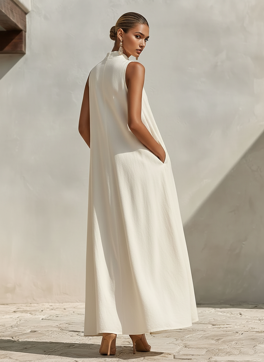 Cream - A model wearing a voluminous, sleeveless woven maxi dress with a deep V-neck and stand collar, standing outdoors.