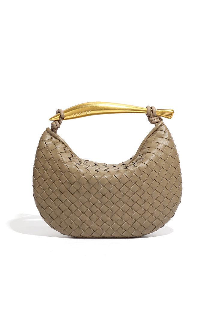 Woven brown leather hobo bag with gold handle