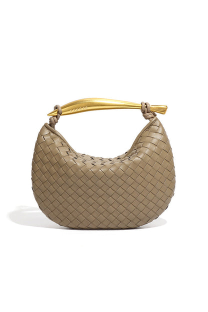Woven brown leather hobo bag with gold handle