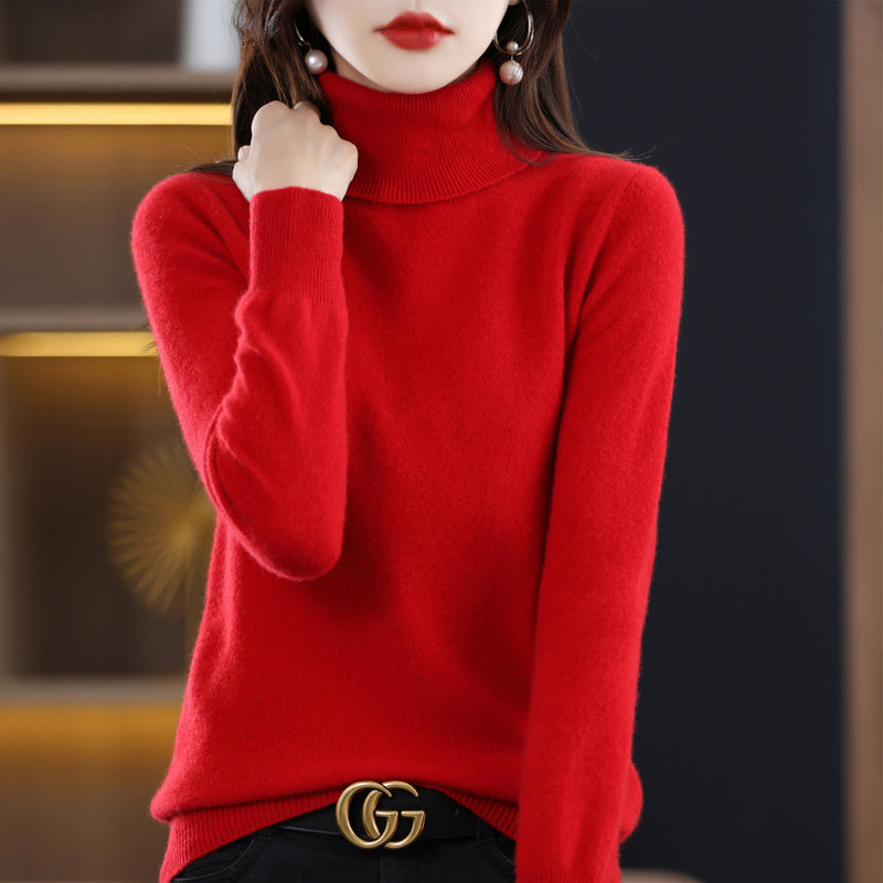 Woman wearing light blue cashmere turtleneck sweater