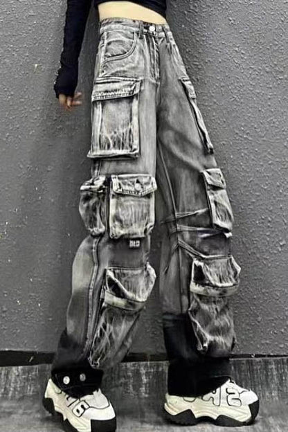 Gray acid wash denim cargo pants with multiple pockets