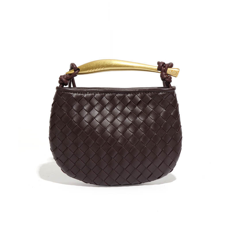Silver woven leather top handle bag with gold hardware
