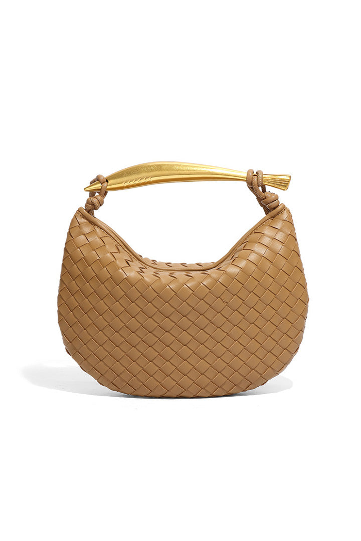 Woven brown leather hobo bag with gold handle