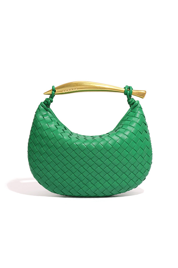 Woven brown leather hobo bag with gold handle