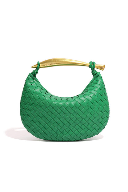 Woven brown leather hobo bag with gold handle