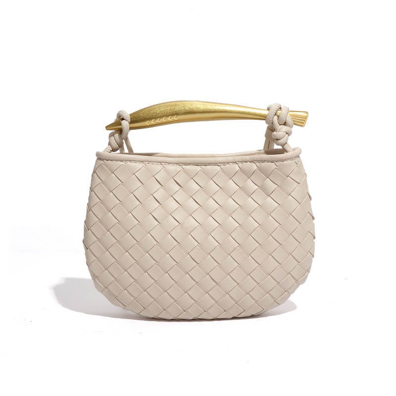 Silver woven leather top handle bag with gold hardware