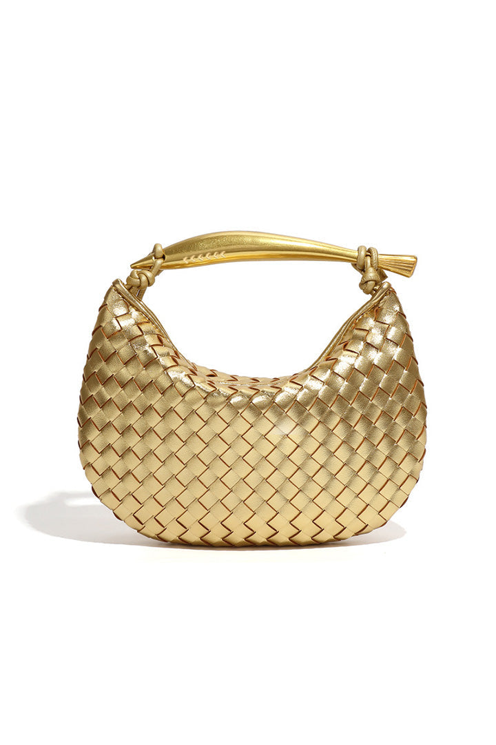 Woven brown leather hobo bag with gold handle
