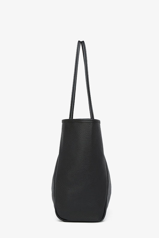 Black faux leather tote bag with shoulder straps