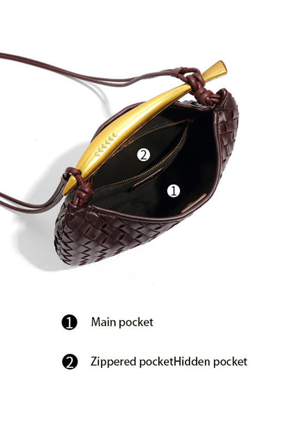 Woven brown leather hobo bag with gold handle
