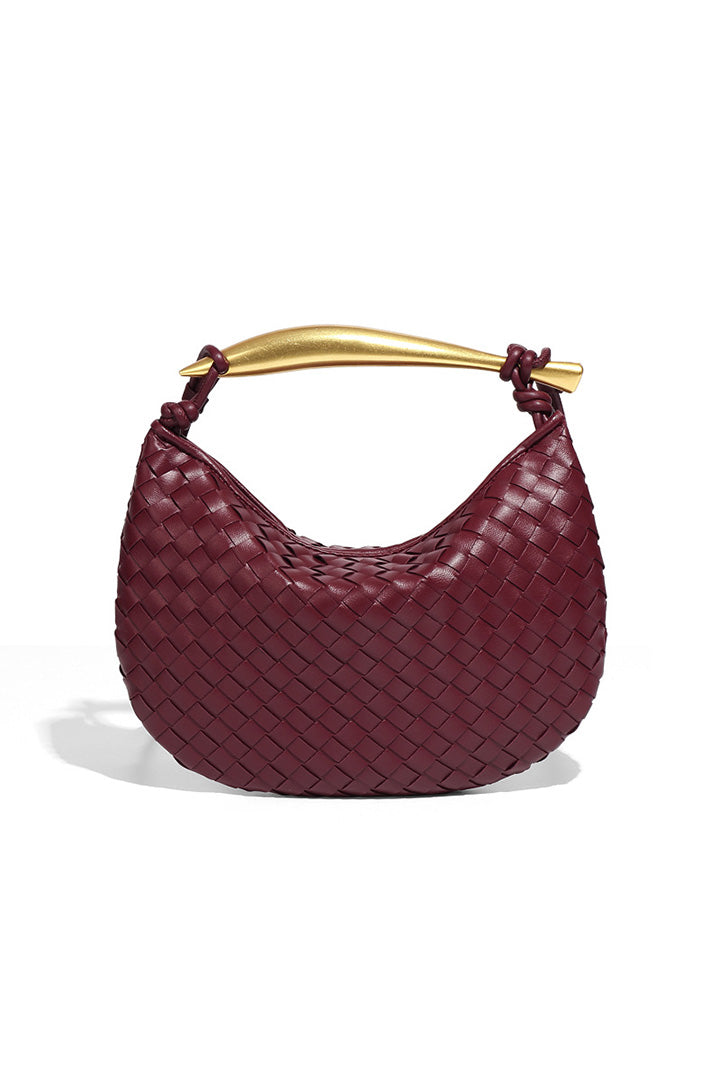 Woven brown leather hobo bag with gold handle
