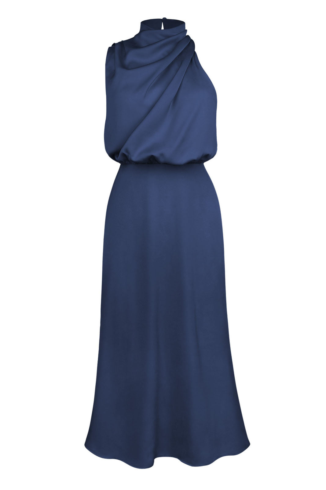 Woman in navy blue satin halter midi dress