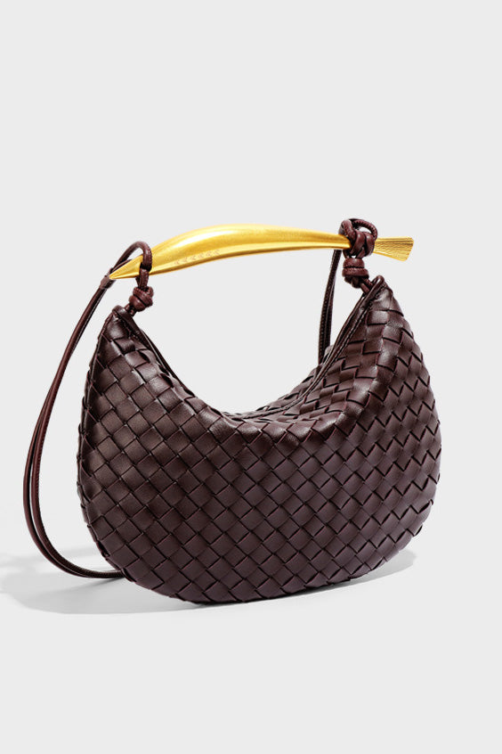 Woven brown leather hobo bag with gold handle
