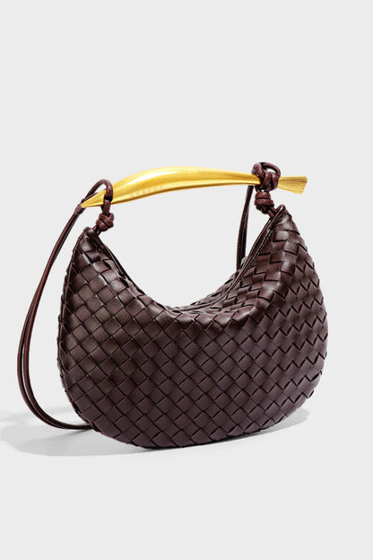Woven brown leather hobo bag with gold handle