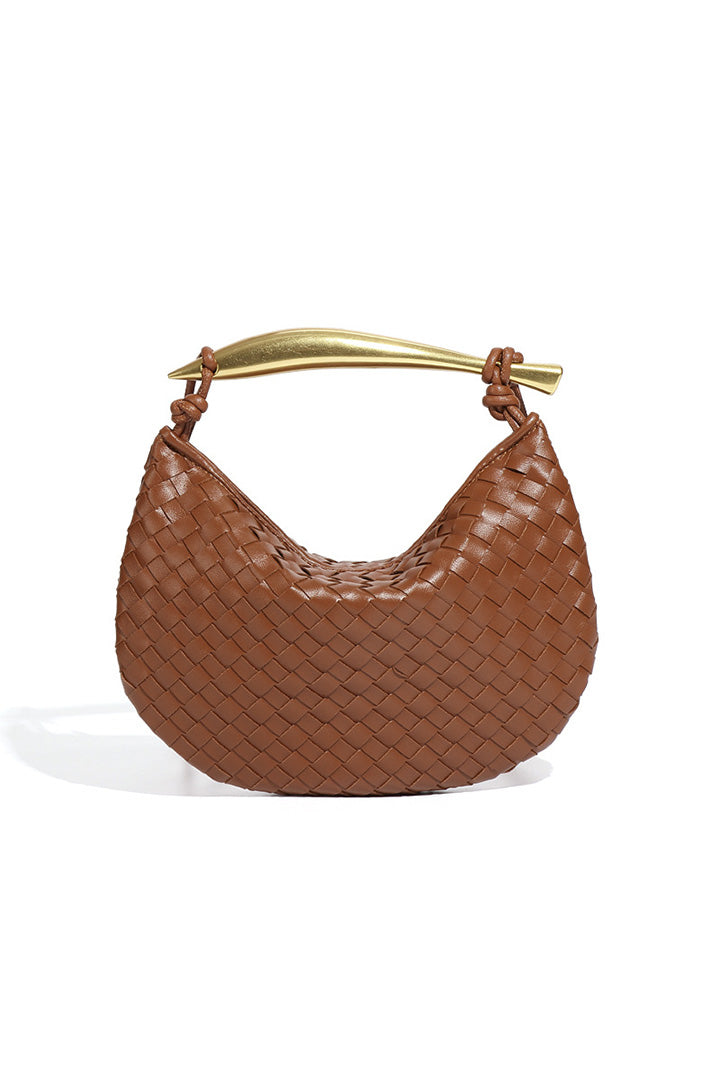 Woven brown leather hobo bag with gold handle