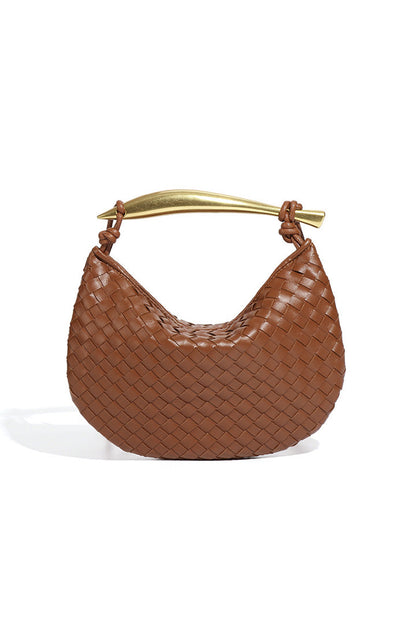 Woven brown leather hobo bag with gold handle